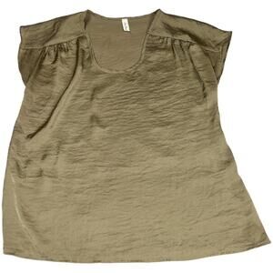 Final Touch Satin Blouse Olive Green Cap Short Sleeve Women's Top Work Neutral